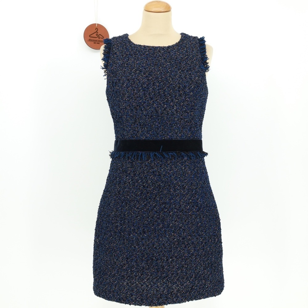 J.Crew Navy Blue Metallic Tweed Fringe Velvet Waist Shift Dress H3599 Size 4